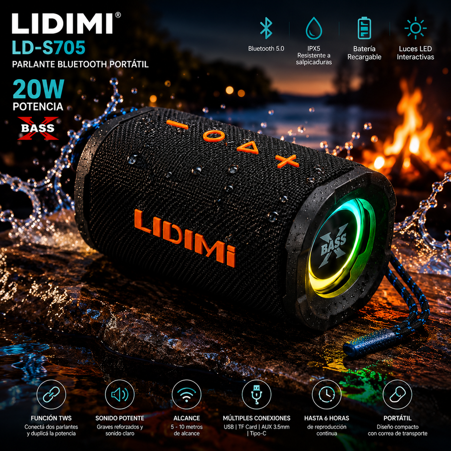 Parlante Bluetooth LIDIMI LD-S705 20W con Luces LED y TWS