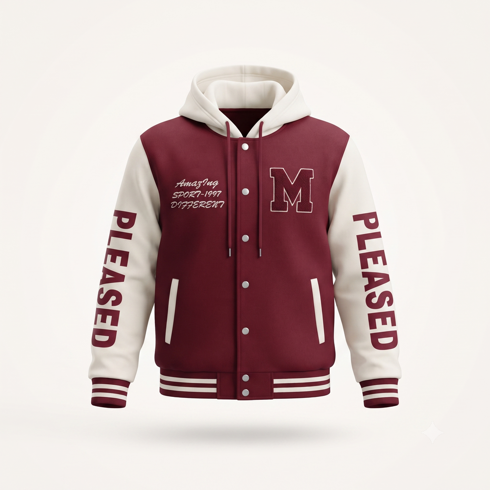 Campera universitaria con capucha, color bordó