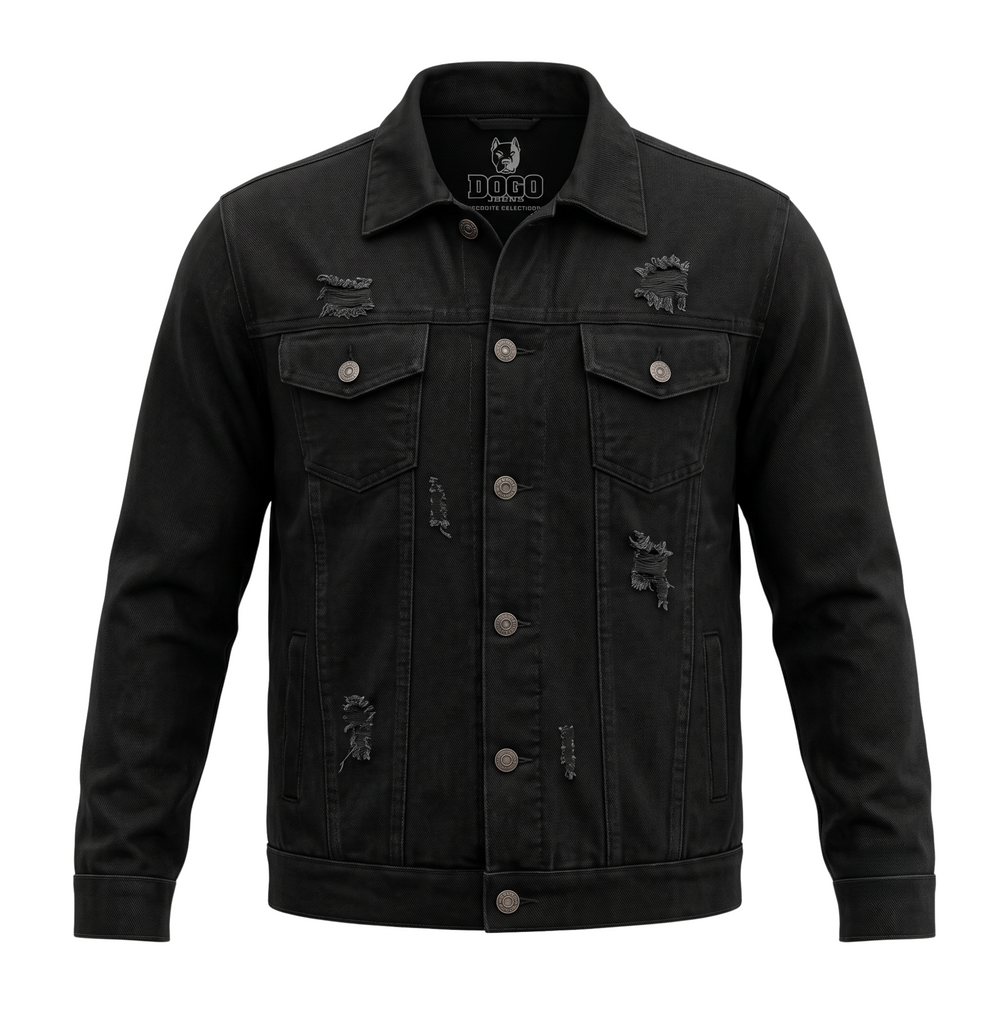 Campera de jean Dogo negra con roturas de diseño, vista frontal
