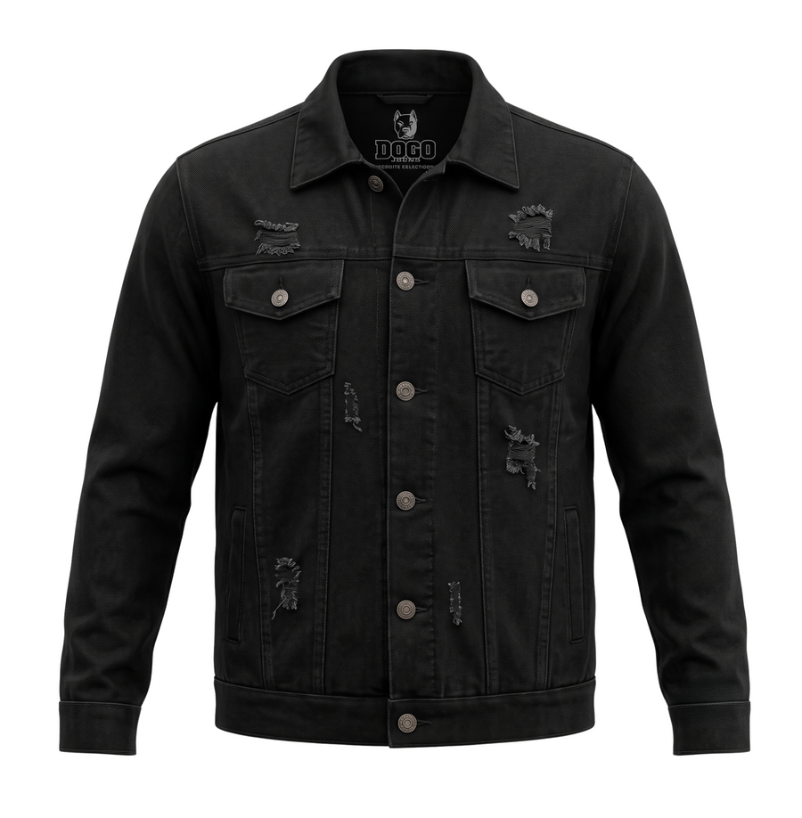 Campera de jean Dogo negra con roturas de diseño, vista frontal