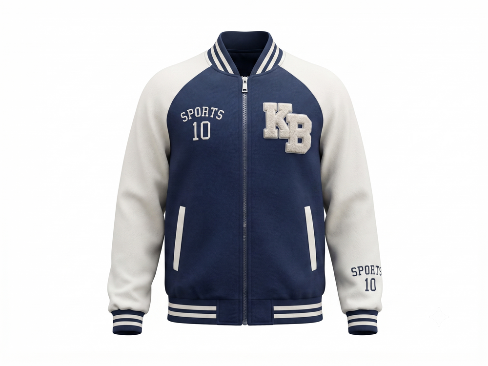 Campera universitaria bomber, azul con beige