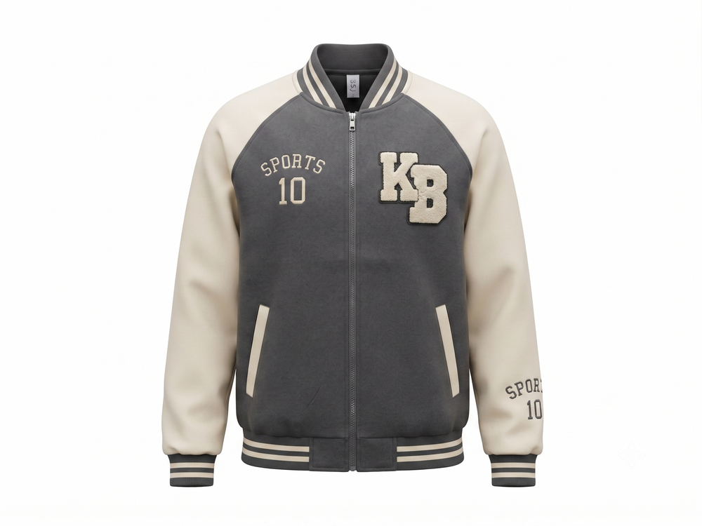 Campera universitaria bomber, gris con beige