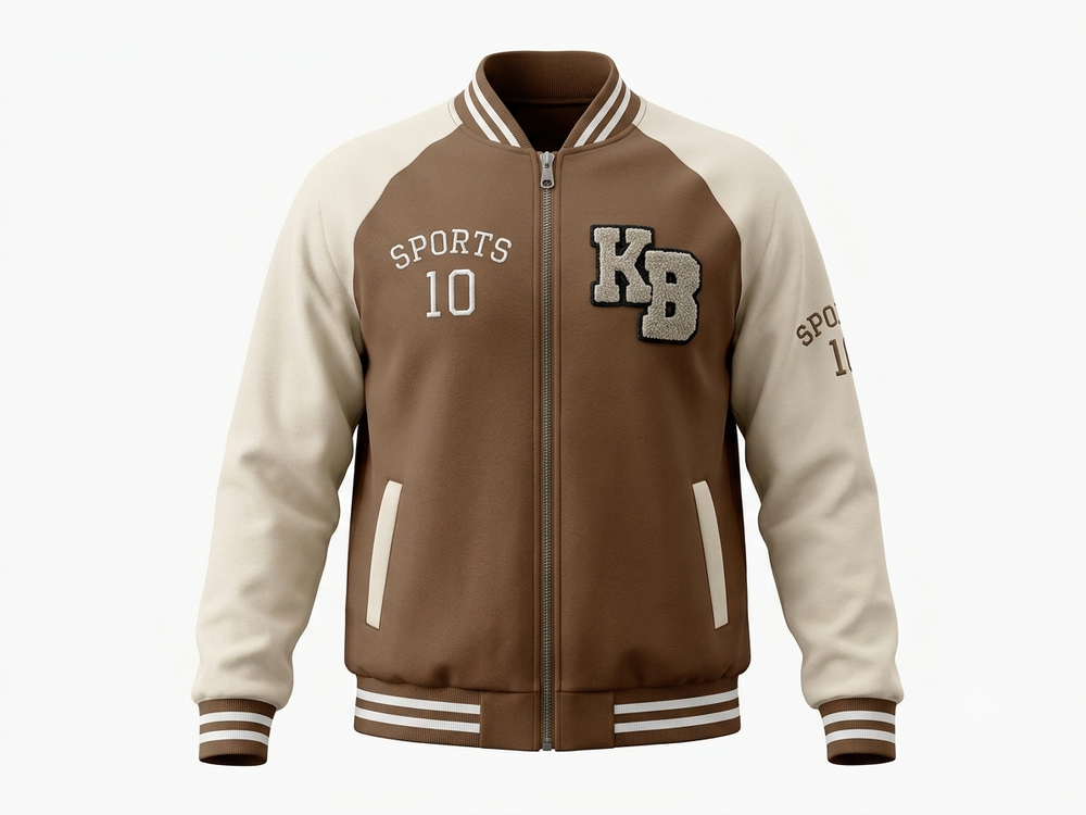Campera universitaria bomber, marrón con beige