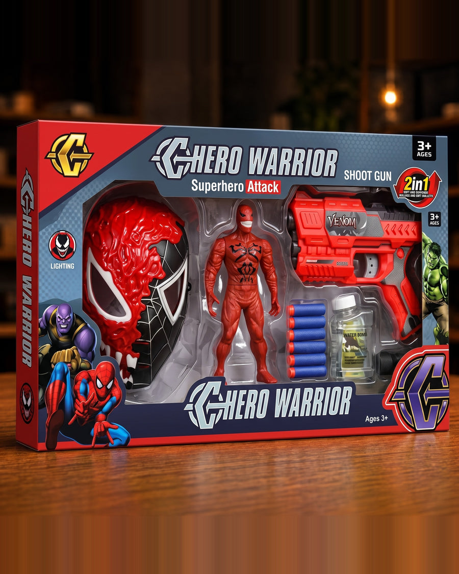 Set Hero Warrior Superhero Attack con máscara, muñeco y pistola lanza dardos