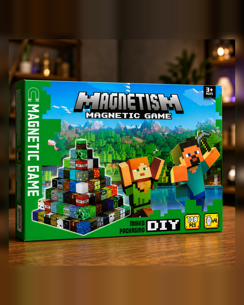 Set de bloques magnéticos Magnetism 108 piezas estilo Minecraft con 4 figuras