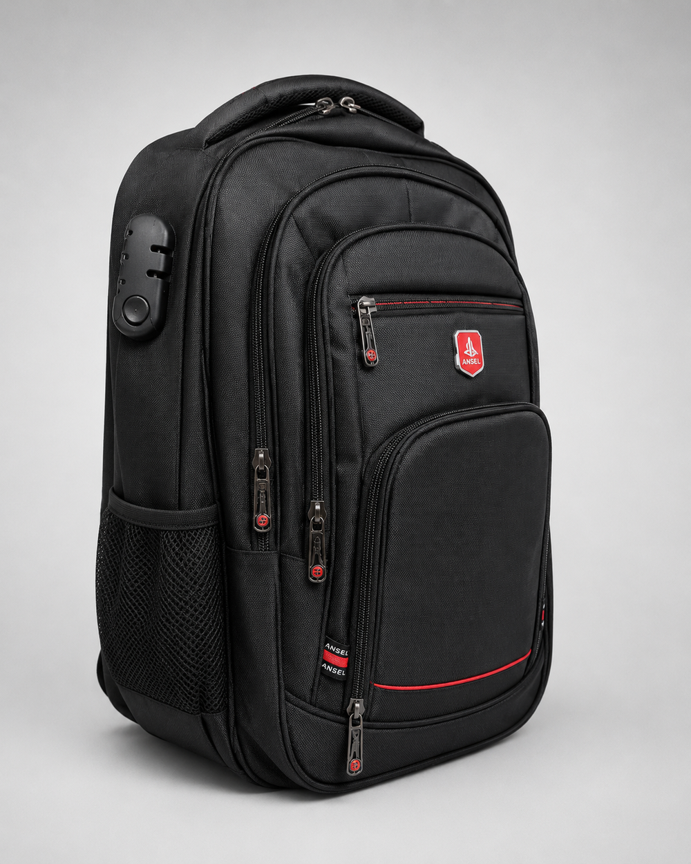 Mochila urbana reforzada negra, vista lateral con detalle de cierres