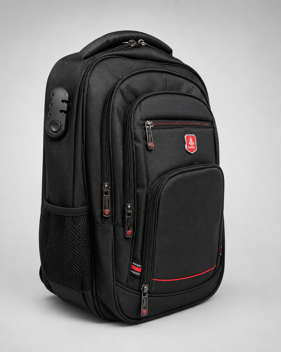 Mochila urbana reforzada negra, vista lateral con detalle de cierres