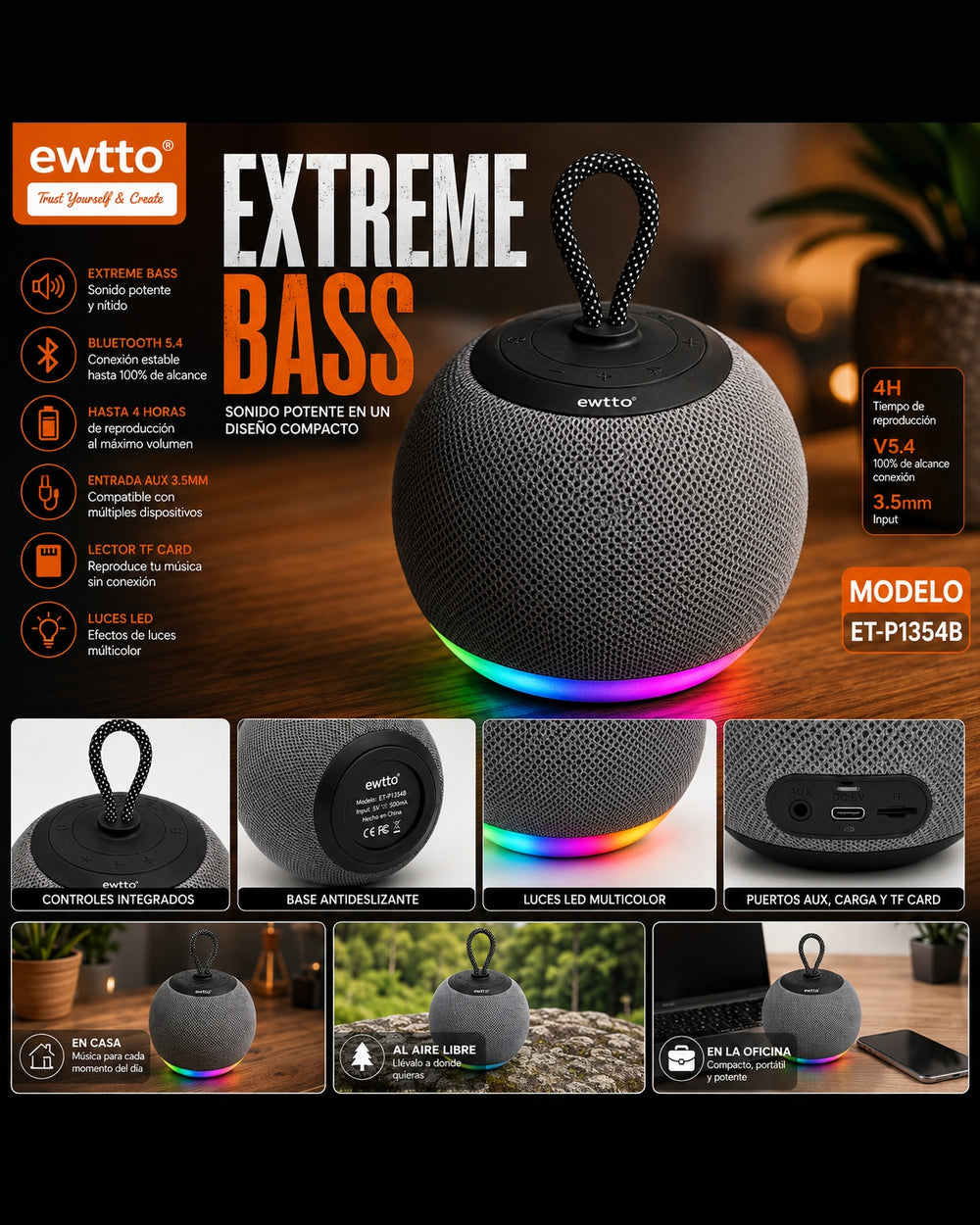 Parlante Bluetooth ewtto ET-P1354B Extreme Bass con luces LED multicolor