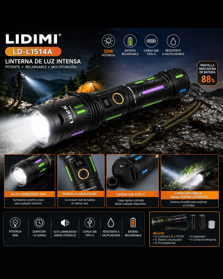 Linterna LED LIDIMI LD-L1514A 30W recargable